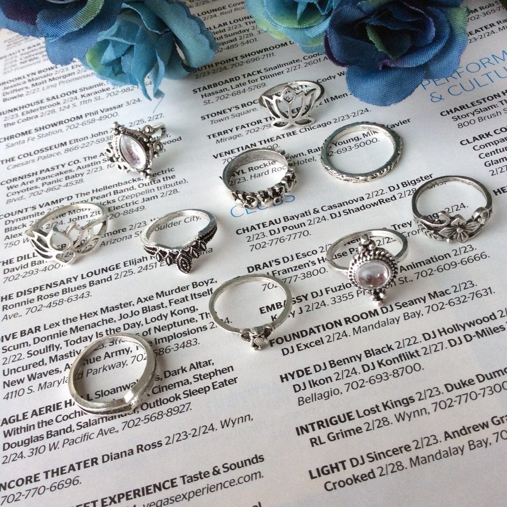 🌸10PC: SILVER MIDI KNUCKLE LOTUS RINGS BOHO OPAL - Picture 3 of 7